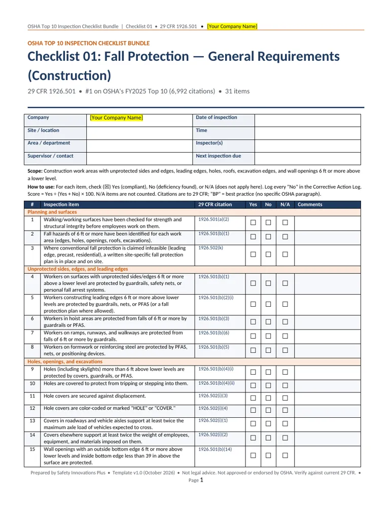 First page preview of the OSHA Top 10 Inspection Checklists