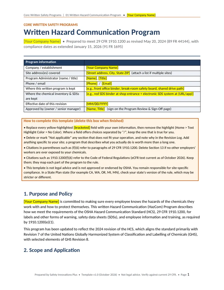 First page preview of the Core Written Safety Programs Bundle