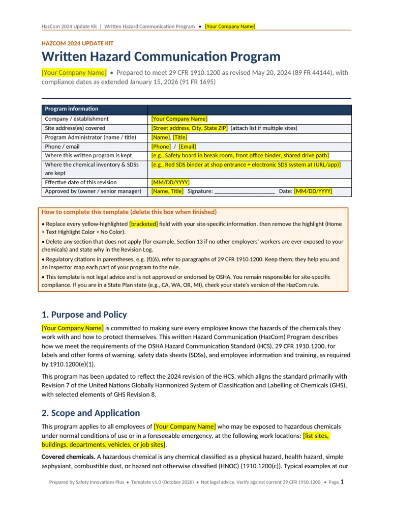 Preview of the HazCom 2024 written program template, first page