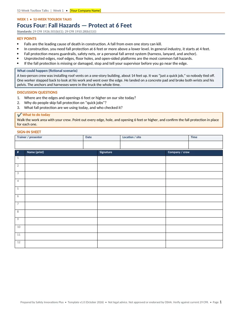 First page preview of the 52-Week Toolbox Talks (English & Spanish)